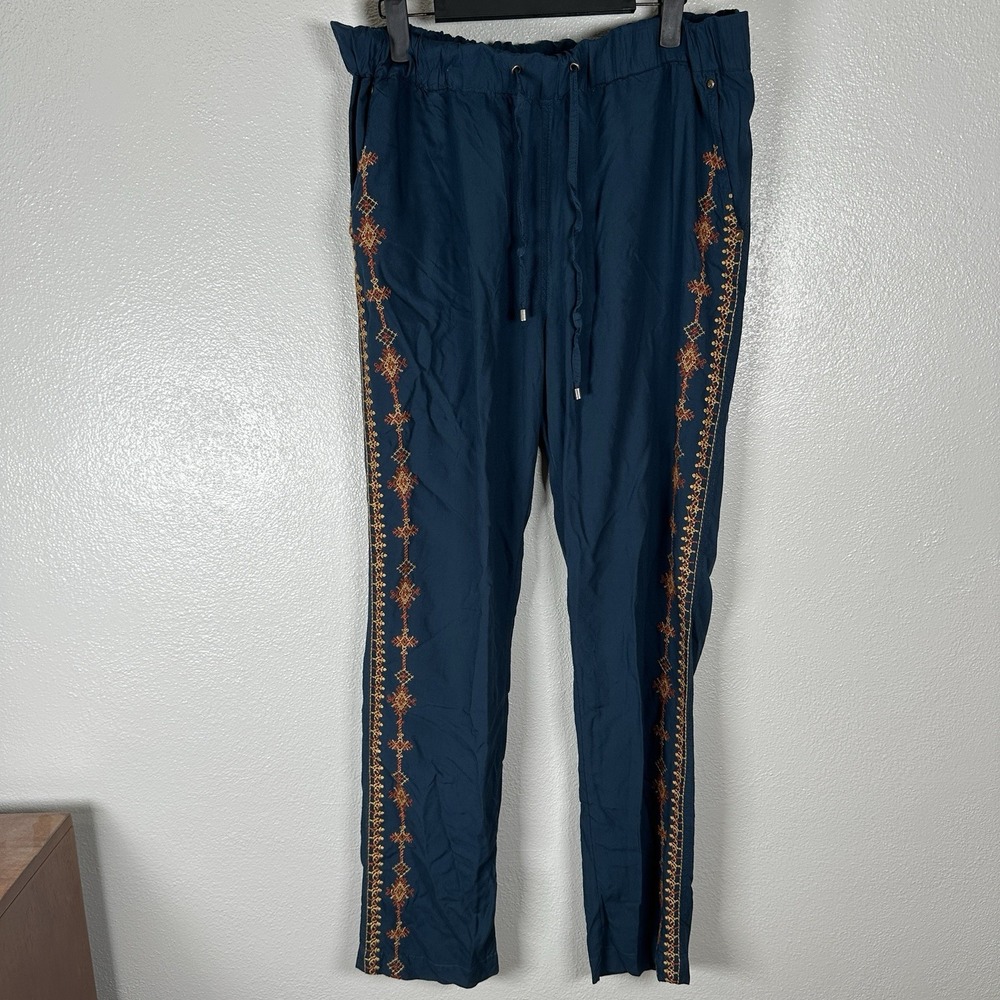 SUNDANCE Blue Embroidered Orange Pull On Pants Womens Medium‎ Pockets Drawstring